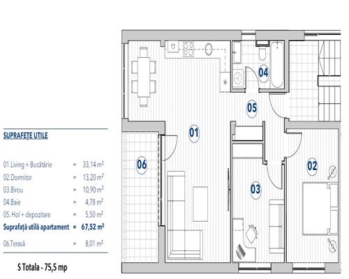 Apartament 3 camere 75,5 mp Rediu,parcare inclusa